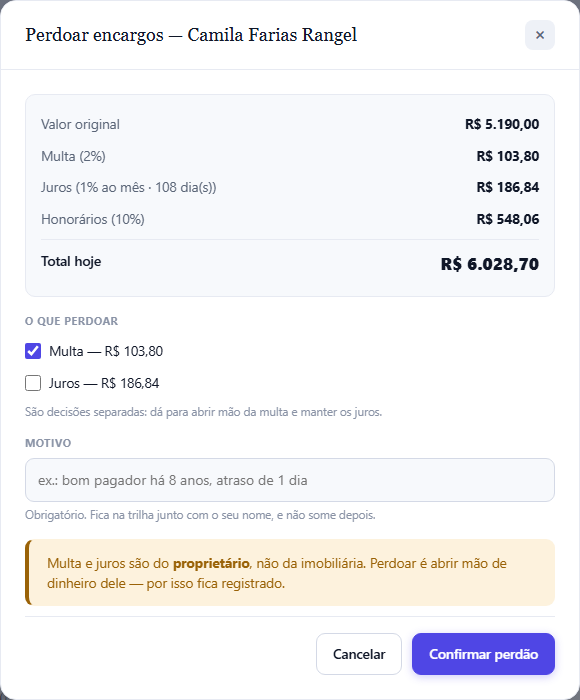 Perdão de encargos. A composição aparece antes da decisão, e multa e juros são escolhas separadas.