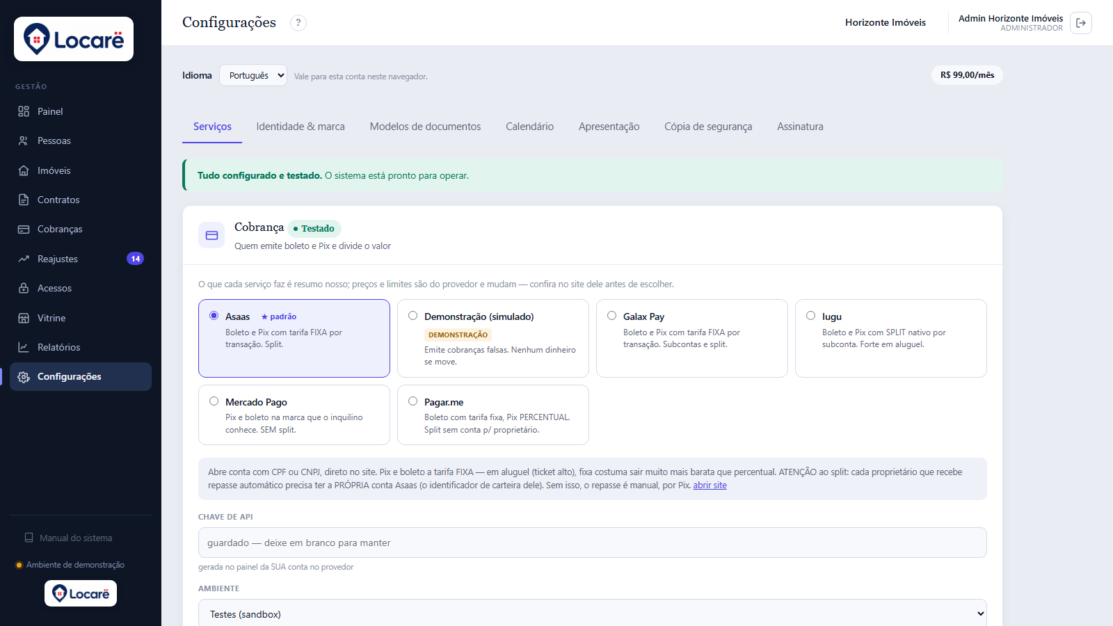 Configurações. O que está pronto, o que falta, e o botão de testar antes de confiar.