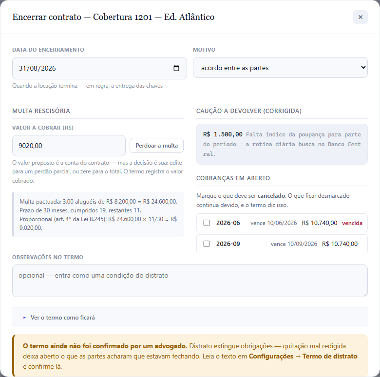 Encerrar contrato. As cobranças em aberto, a multa proposta e a memória de cálculo.