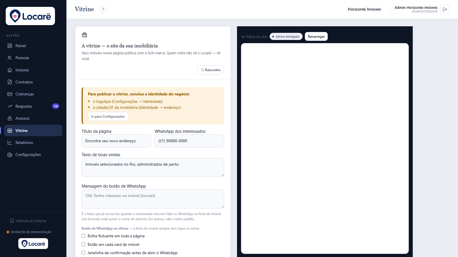 A aba Vitrine: à esquerda a configuração (status Rascunho/Publicada, título, WhatsApp e suas formas, modelo, tema); à direita a prévia ao vivo.