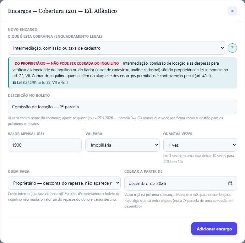 Janela de encargos preenchida com a 2ª parcela da comissão: 1.900, Imobiliária, 1 vez, Proprietário, a partir de dezembro de 2026.