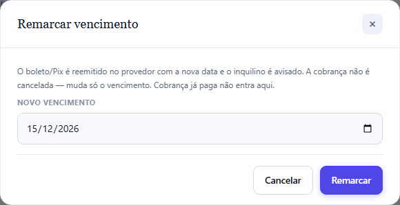 Janela Remarcar vencimento, com o campo da nova data.